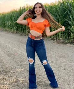 Valeria'S Boutique COLORES Collection Glenda Short Sleeve Top (Tangerine Orange)