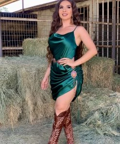 Valeria'S Boutique Jennifer Satin Ruched Dress (Green)