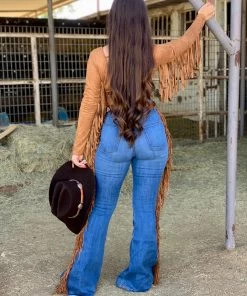 Valeria'S Boutique La Quebradora Fringe High Rise Flare Jeans