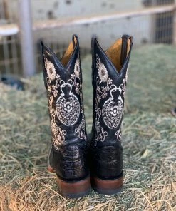 Valeria'S Boutique New Arrivals Arracada Jerezana Embroidered Western Boots (Crocodile) - Black