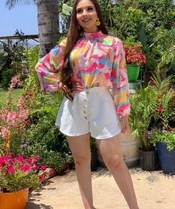 Valeria'S Boutique Neon Swirl Satin Blouse COLORES Collection