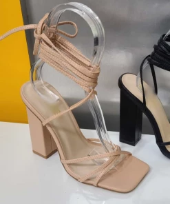 Valeria'S Boutique Chunky Lace Up Heels (Nude)