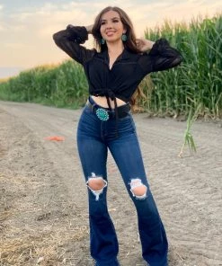 Valeria'S Boutique Rosabella Distressed High Rise Flare Jeans (Dark) New Arrivals