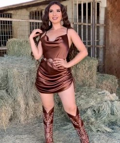 Valeria'S Boutique Jennifer Satin Ruched Dress (Bronze) New Arrivals