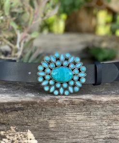 Valeria'S Boutique New Arrivals Large Turquoise Flower Buckle Belt (Black)