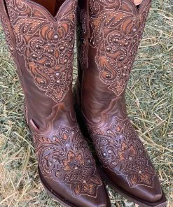 Valeria'S Boutique New Arrivals Camelia Swarovski Studded Overlay Rio Grande Western Boots (Maple)