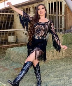Valeria'S Boutique Rodeo Collection Hannah Crochet Fringe Coverup (Black)