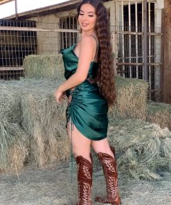 Valeria'S Boutique Jennifer Satin Ruched Dress (Green)